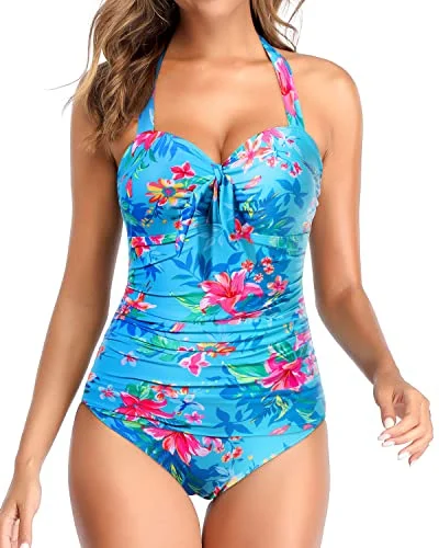 Ruching Shirred Slimming One Piece Swimsuits-Blue Floral