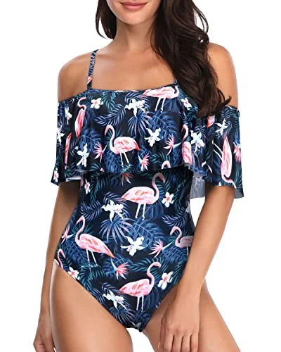 Eye-Catching Off Shoulder Ruffle One Piece Bathing Suit-Blue Flamingo